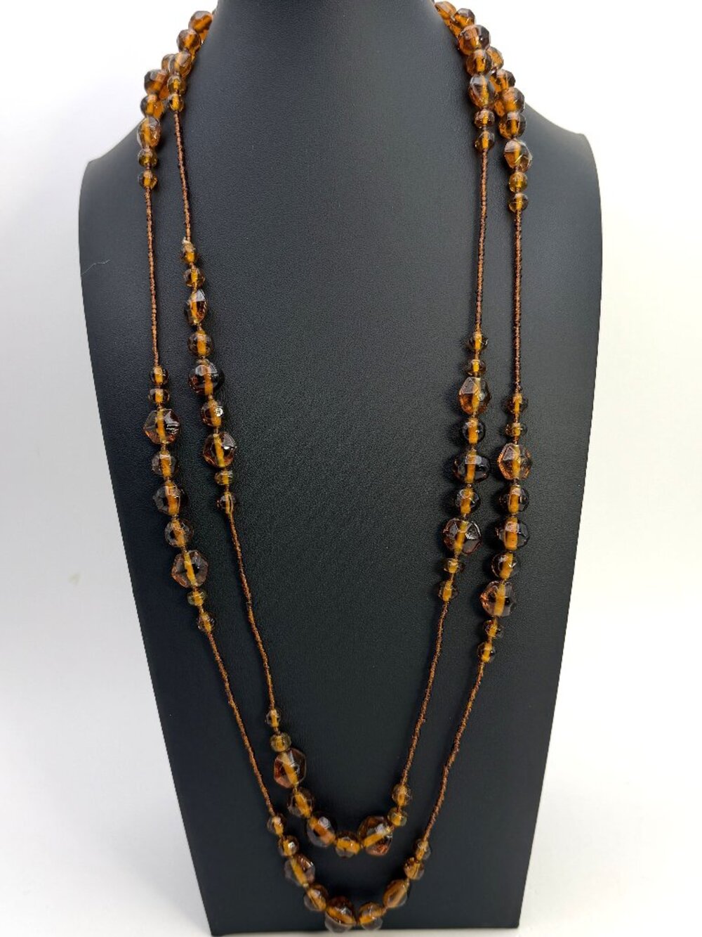 Flapper Necklace Vintage Amber Brown Glass Bead Faceted Single Strand 60”